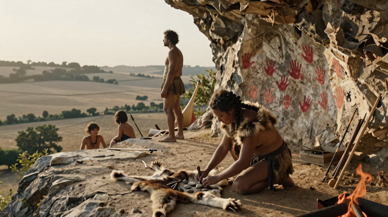 Pré-históricos num abrigo rochoso com pinturas de mãos vermelhas e paisagem rural ao fundo.