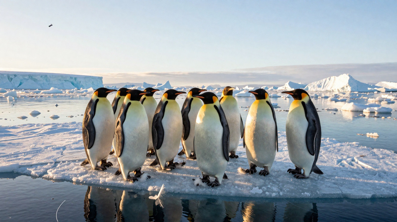 Grupo de pinguins imperadores sobre um bloco de gelo flutuante no oceano gelado.