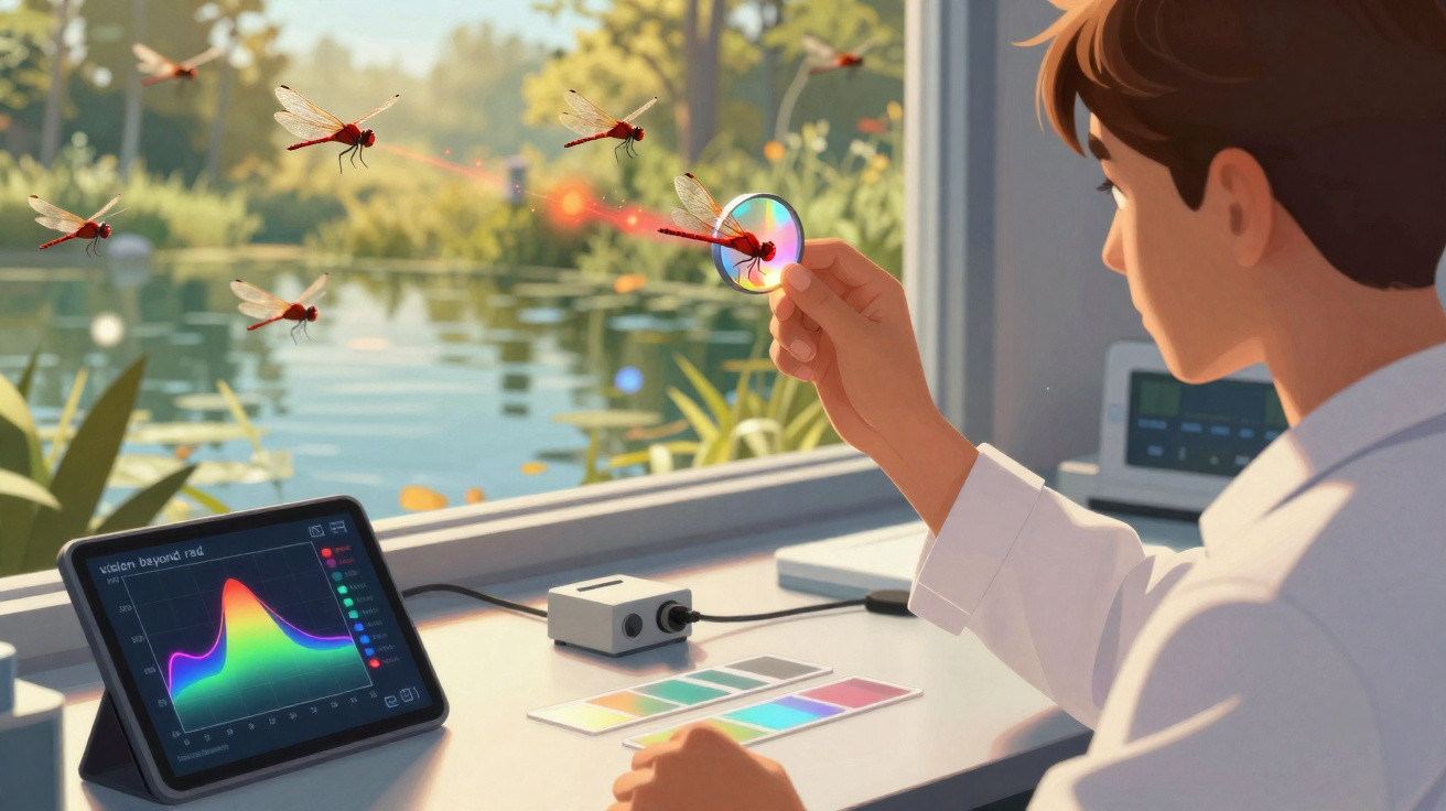 Pessoa num laboratório a analisar libélulas vermelhas com lentes e gráficos digitais junto a um lago.