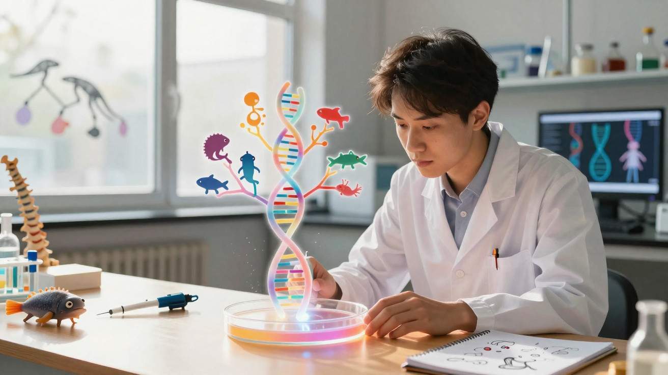 Cientista a examinar modelo holográfico de ADN com formas de animais numa sala de laboratório.