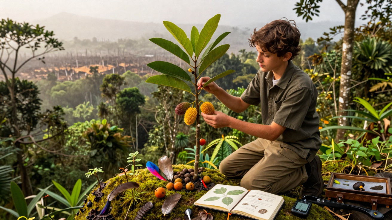 Rapaz examina frutos numa árvore com cenário natural e ferramentas de estudo ao lado.