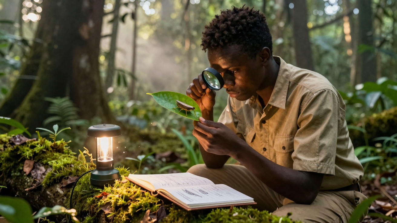 Homem a analisar um insecto numa folha com lupa em floresta, junto a livro aberto e lanterna acesa.