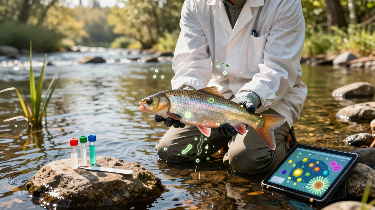 Cientista de bata branca segura peixe num rio, com amostras e tablet digital ao lado na água.