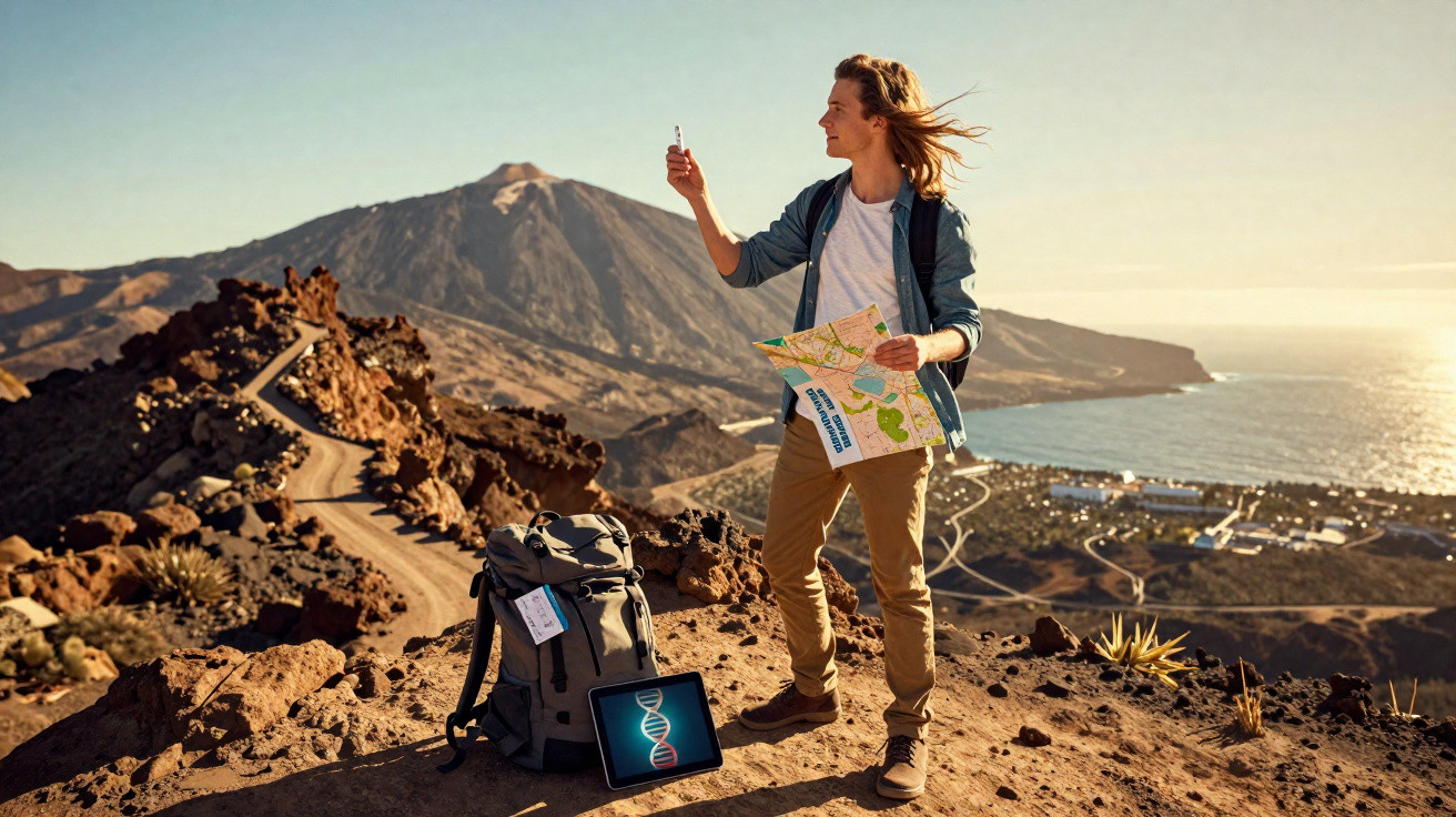 Homem com mochila e mapa numa montanha rochosa, tirando foto com telemóvel ao pôr do sol.
