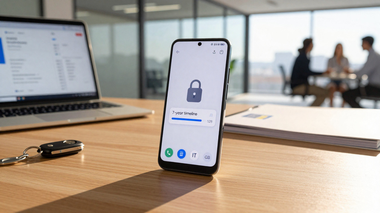 Smartphone com ícone de cadeado numa mesa de escritório, computador portátil e três pessoas em reunião ao fundo.