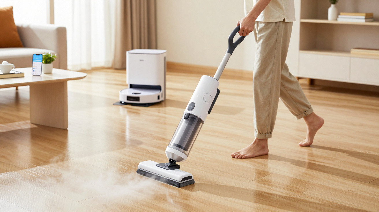 Pessoa a limpar chão de madeira com aspirador a vapor branco numa sala luminosa e minimalista.