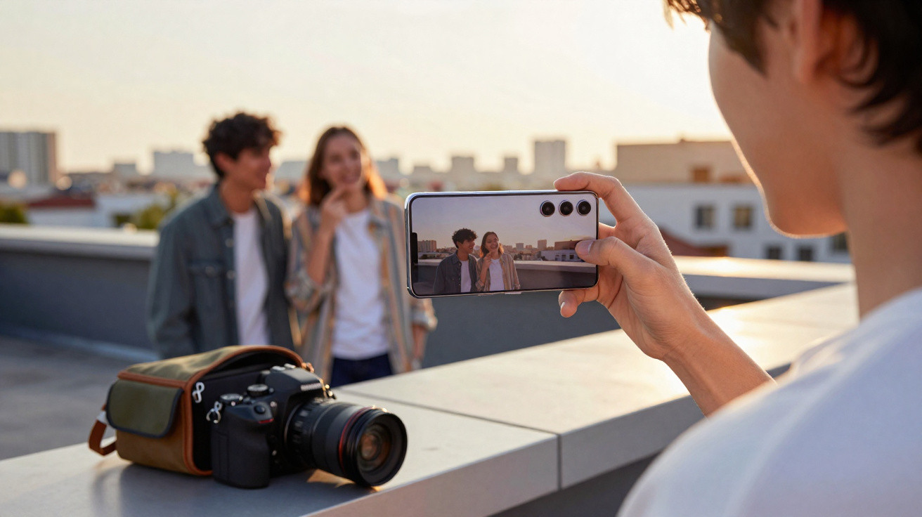 Pessoa a tirar fotografia com smartphone a um casal num terraço ao pôr do sol, com uma câmara fotográfica em primeiro plano.