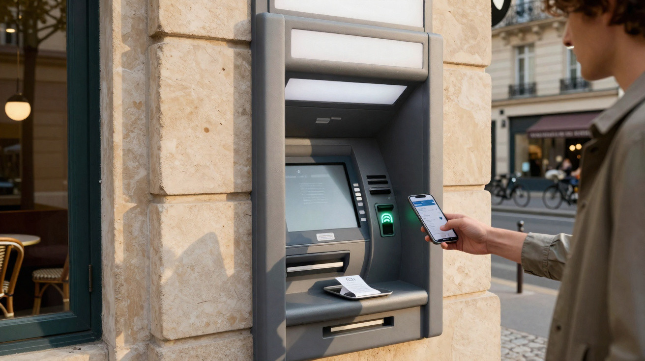 Pessoa a usar telemóvel para autenticação num multibanco numa parede de pedra numa rua urbana.