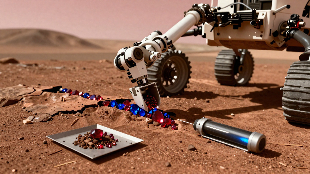 Rover a recolher pedras e cristais vermelhos e azuis na superfície árida de Marte ao pôr do sol.