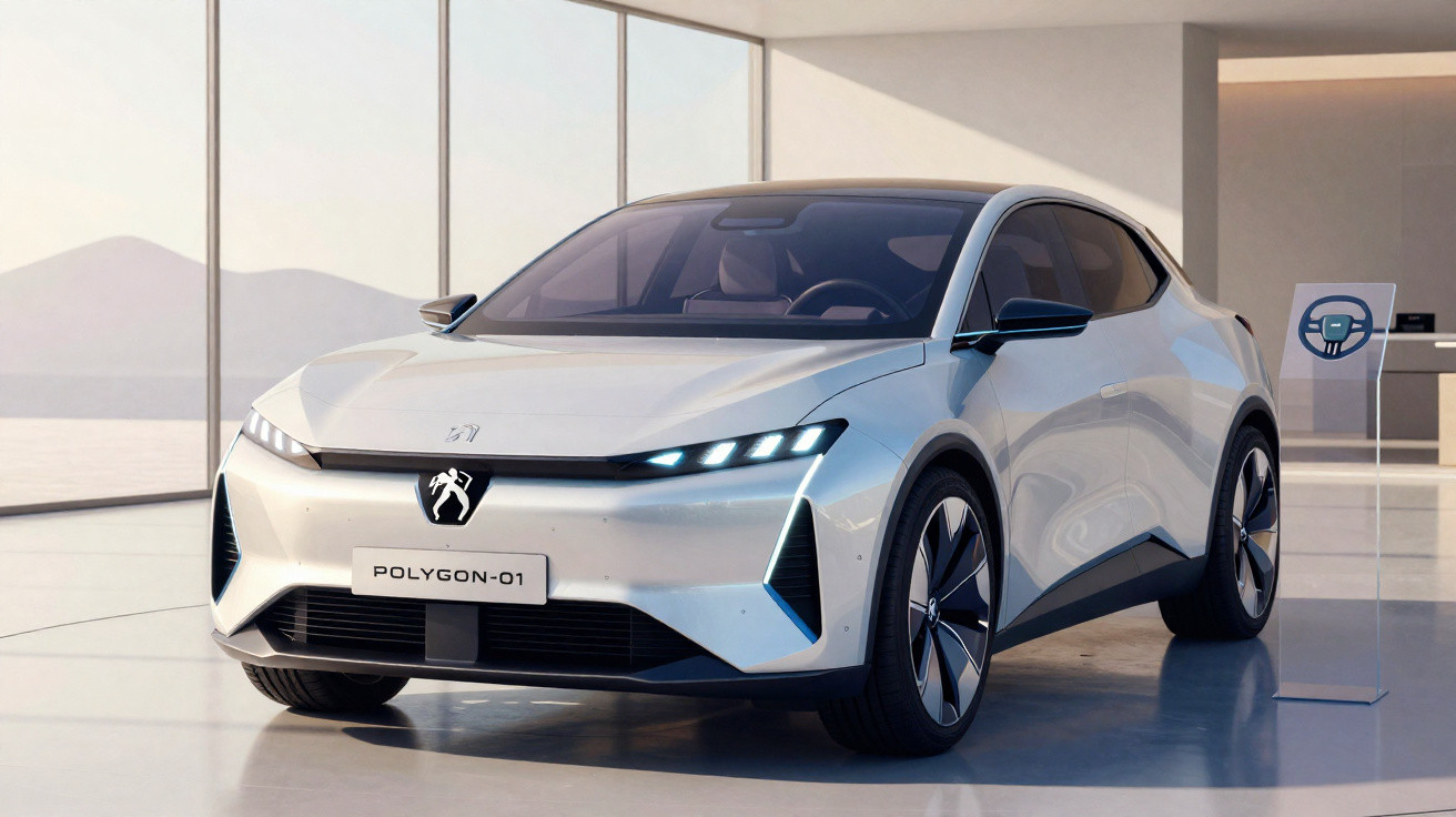 Carro elétrico branco futurista modelo Polygon-01 exibido numa sala moderna com grandes janelas de vidro.