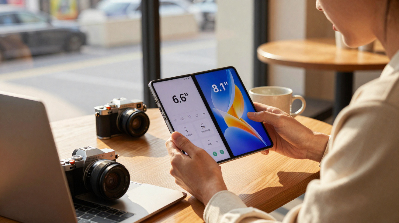 Pessoa segurando smartphone dobrável com ecrã dividido num café, mesa com câmaras e portátil.