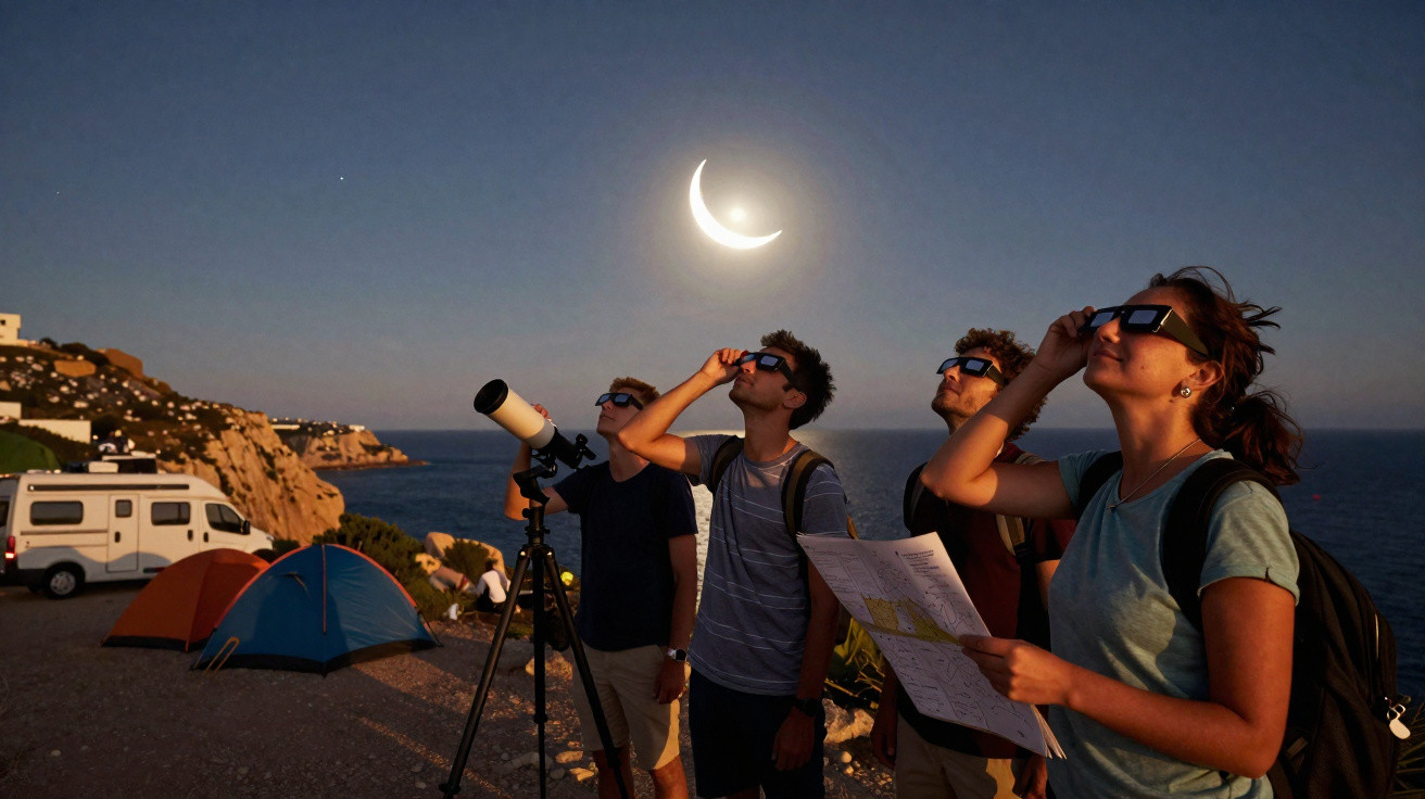 Quatro pessoas com óculos de proteção observam eclipse solar à beira-mar, perto de tendas e uma caravan.