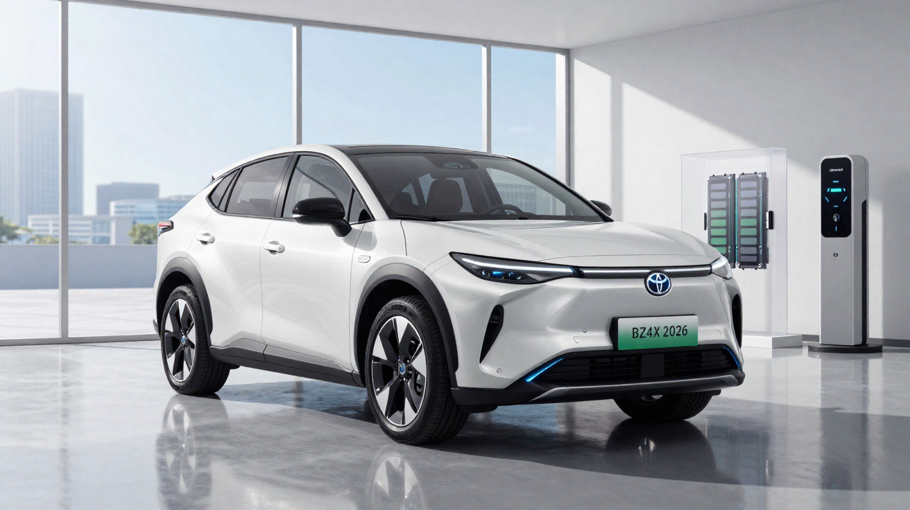 Carro elétrico branco Toyota BZ4X estacionado em ambiente moderno com carregador elétrico próximo.