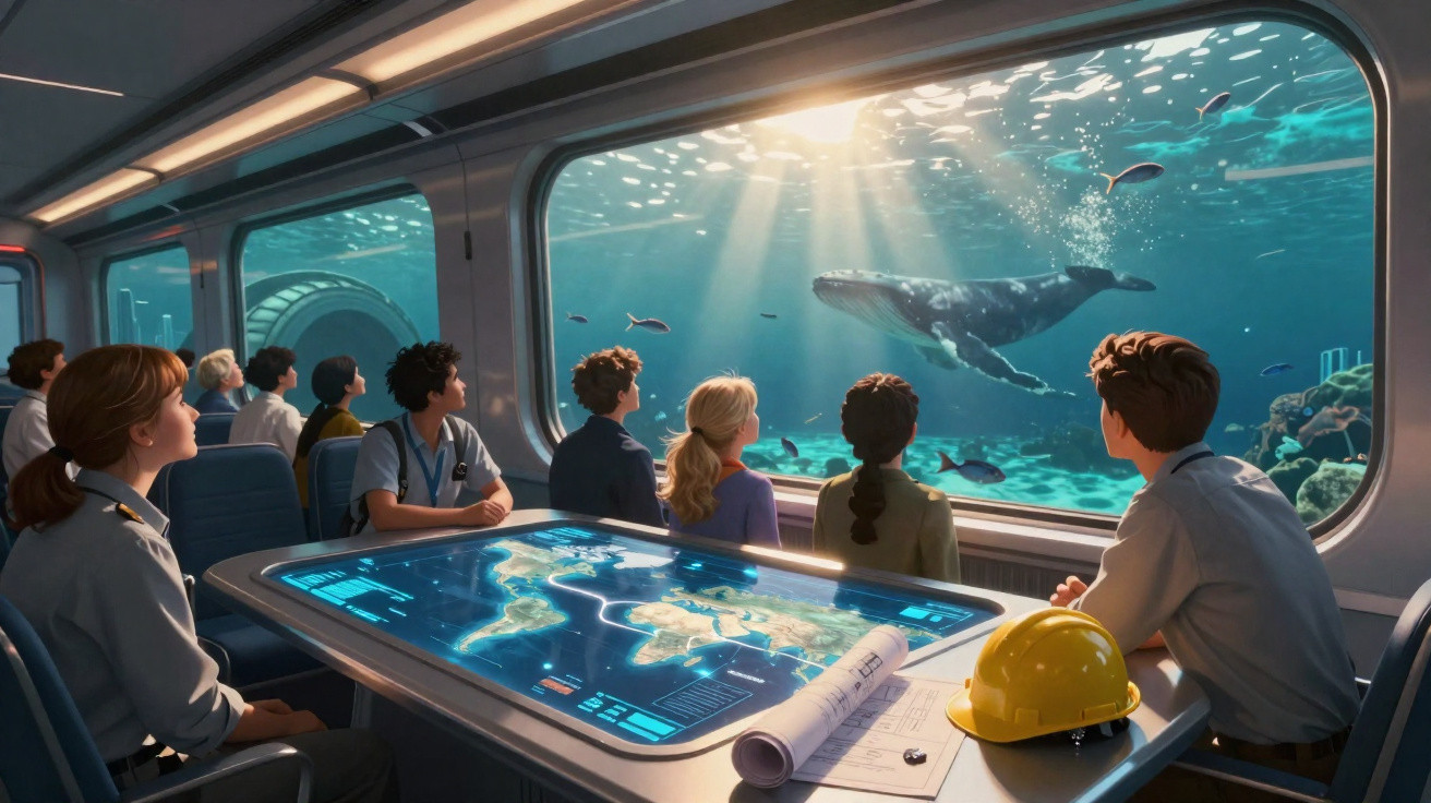 Grupo de pessoas dentro de submarino a observar uma baleia através de uma janela panorâmica submarina.