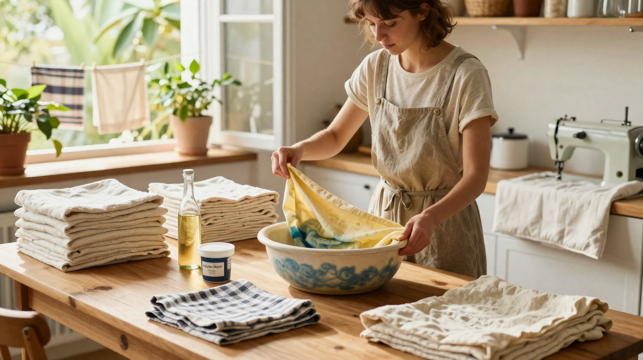 Mulher a tingir tecido amarelo numa tigela num ambiente de cozinha com panos e plantas.