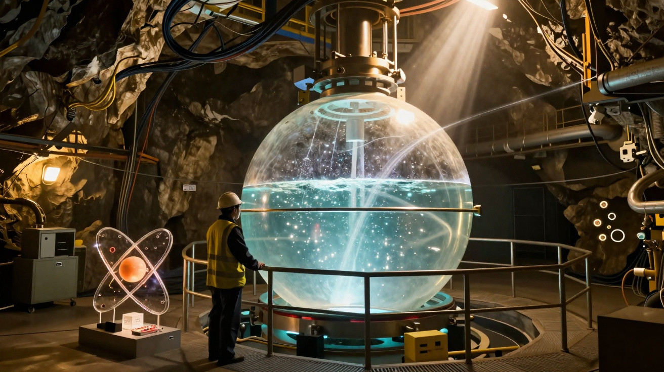 Homem com colete e capacete observa esfera gigante luminosa com partículas e tubos numa caverna industrial.