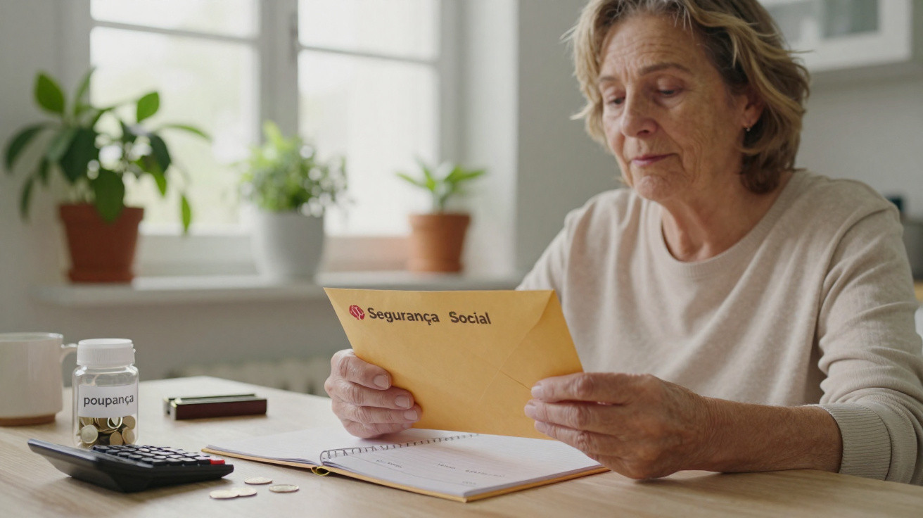 Mulher idosa a ler carta da Segurança Social sentada à mesa com caderno, calculadora e mealheiros.