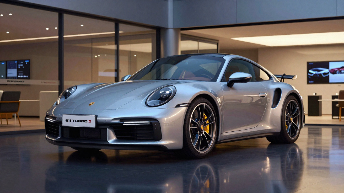 Carro desportivo Porsche 911 Turbo S cinza estacionado em espaço interior moderno com chão refletor.