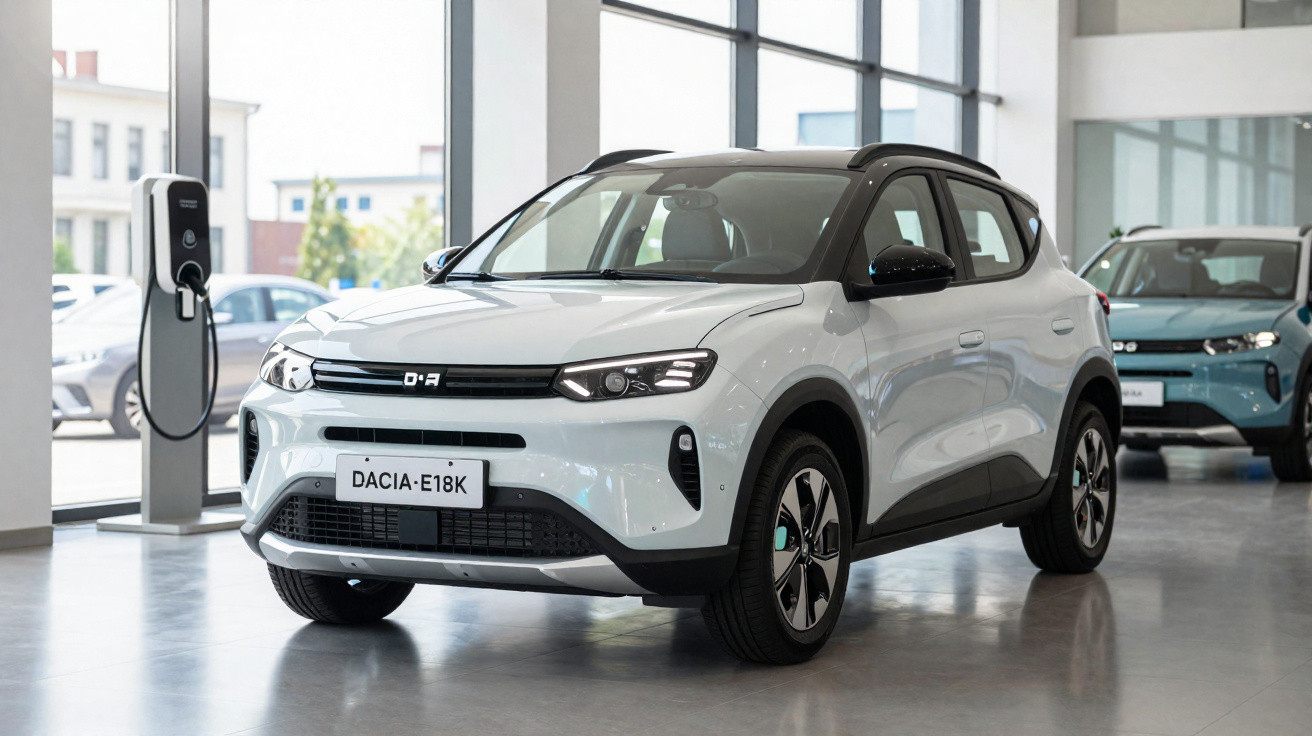 Carro elétrico branco Dacia E18K exibido em salão com estação de carregamento ao lado.