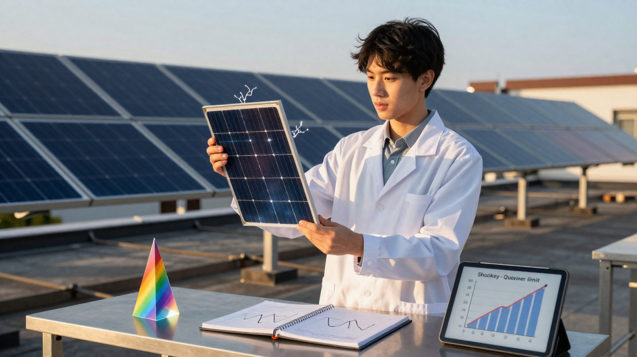 Jovem cientista com bata branca analisa painel solar danificado numa instalação com painéis solares e gráficos.
