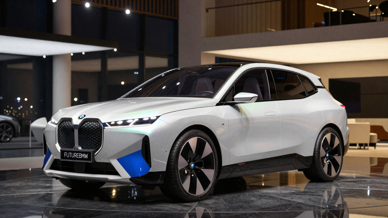 Carro elétrico BMW branco com design futurista em exposição num salão moderno à noite.