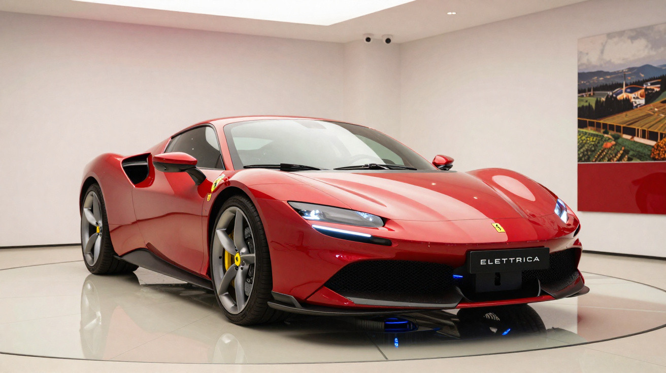 Carro desportivo vermelho Ferrari Elettrica exposto em sala moderna com parede branca e pintura colorida.