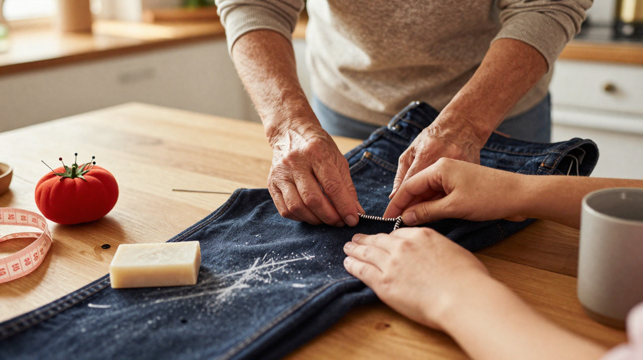 Duas pessoas a coser um fecho em calças de ganga numa mesa de madeira com materiais de costura.