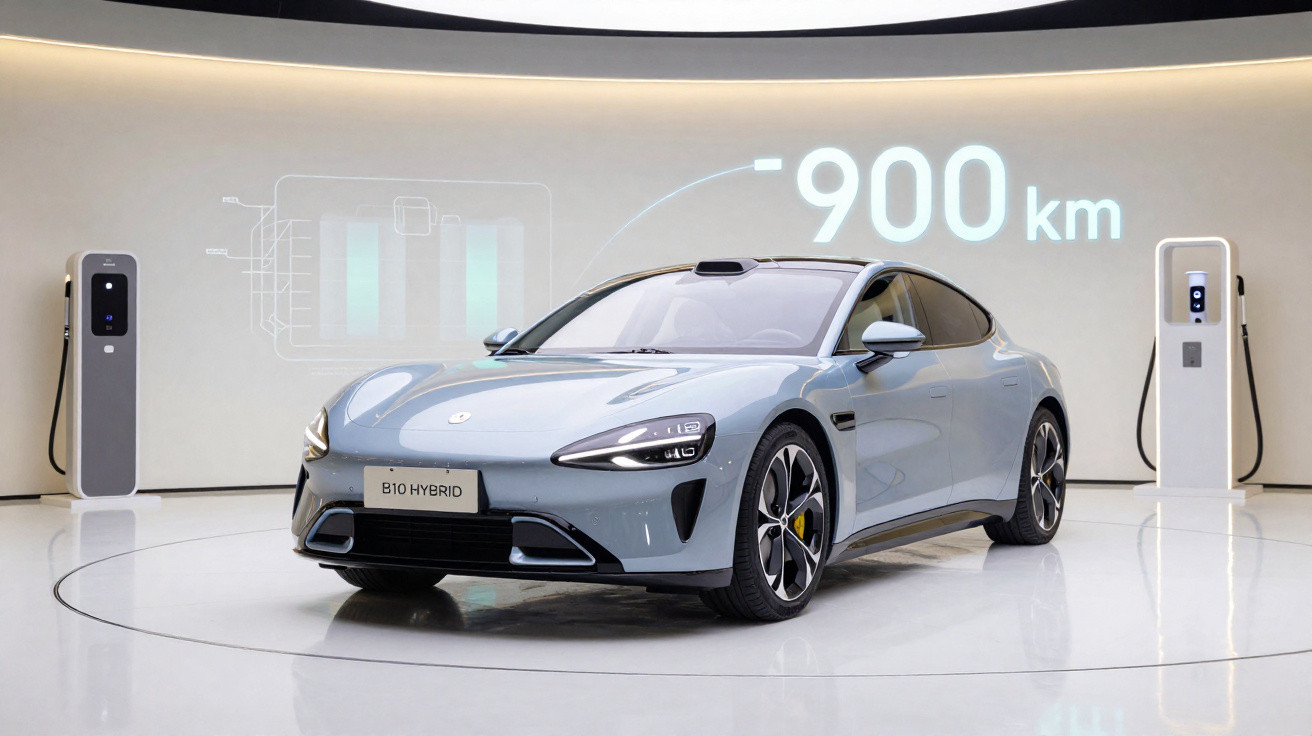 Carro elétrico cinzento num espaço expositivo com indicação de autonomia de 900 km e dois postos de carregamento.