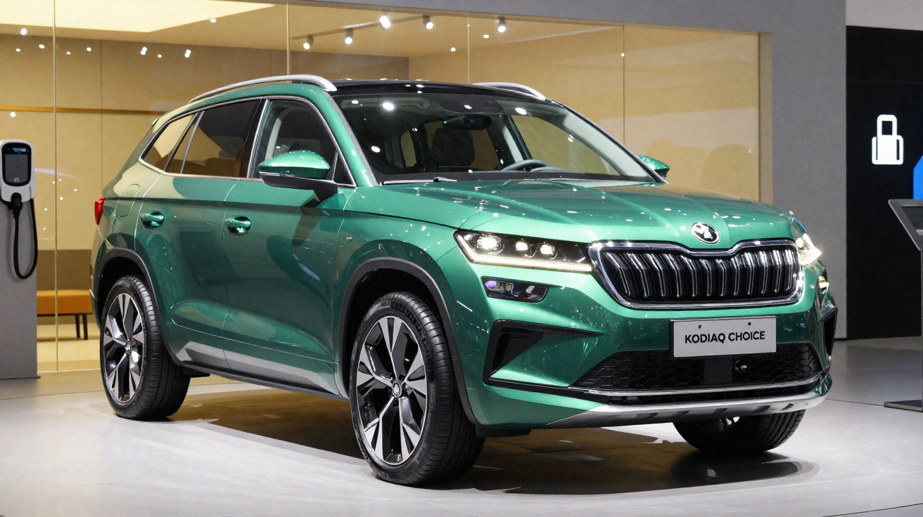 Carro SUV verde metálico Škoda Kodiaq Choice exibido em stand moderno com iluminação interior.