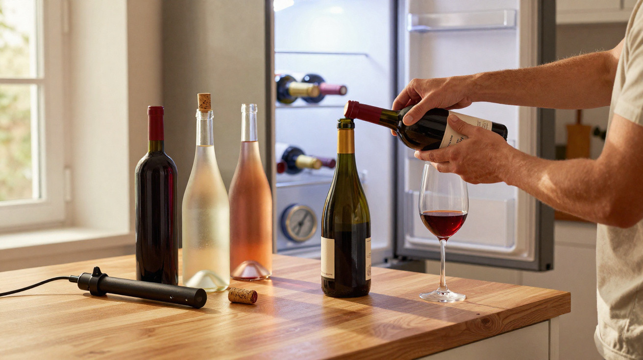 Pessoa a servir vinho tinto numa taça, com várias garrafas e uma adega moderna ao fundo.