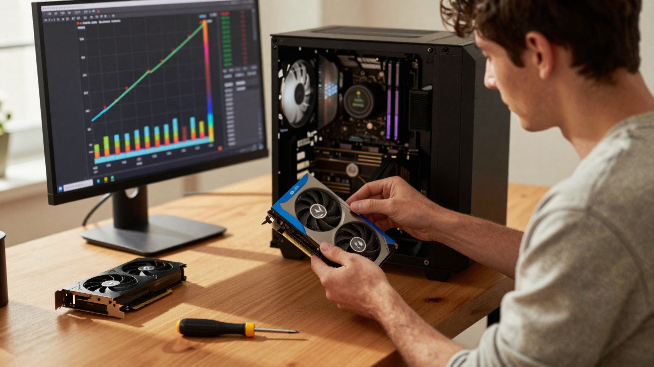 Homem a montar placa gráfica num computador com gráficos de desempenho num ecrã ao lado.