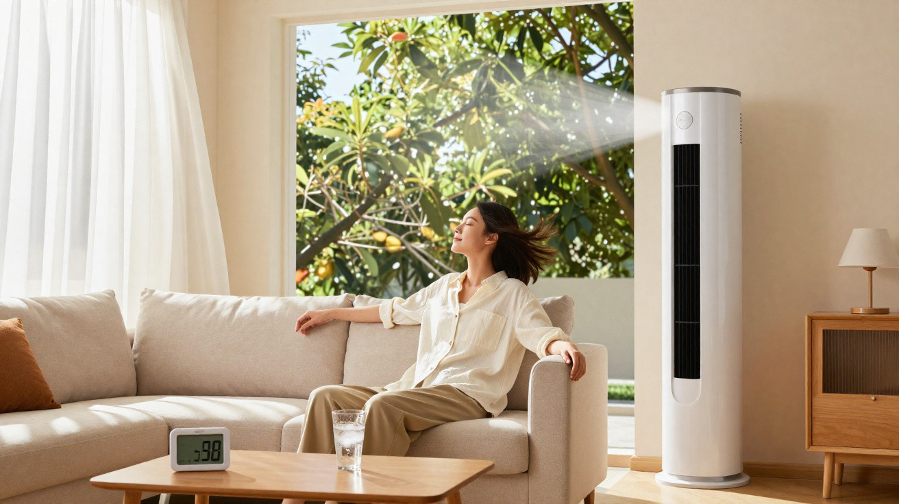 Mulher relaxa no sofá de sala arejada, com ar condicionado ventilando e vista para árvores exteriores.
