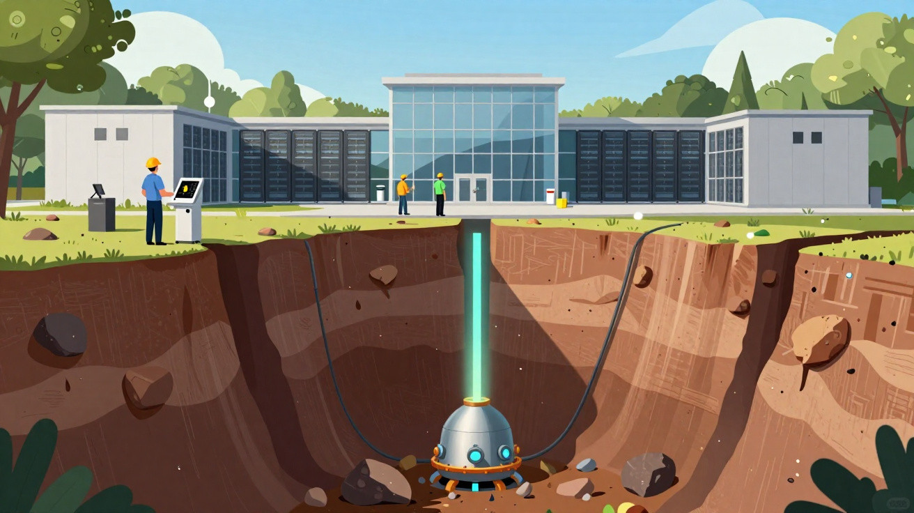Instalação de tecnologia geotérmica com técnicos, edifício e equipamento subterrâneo a extrair energia do solo.