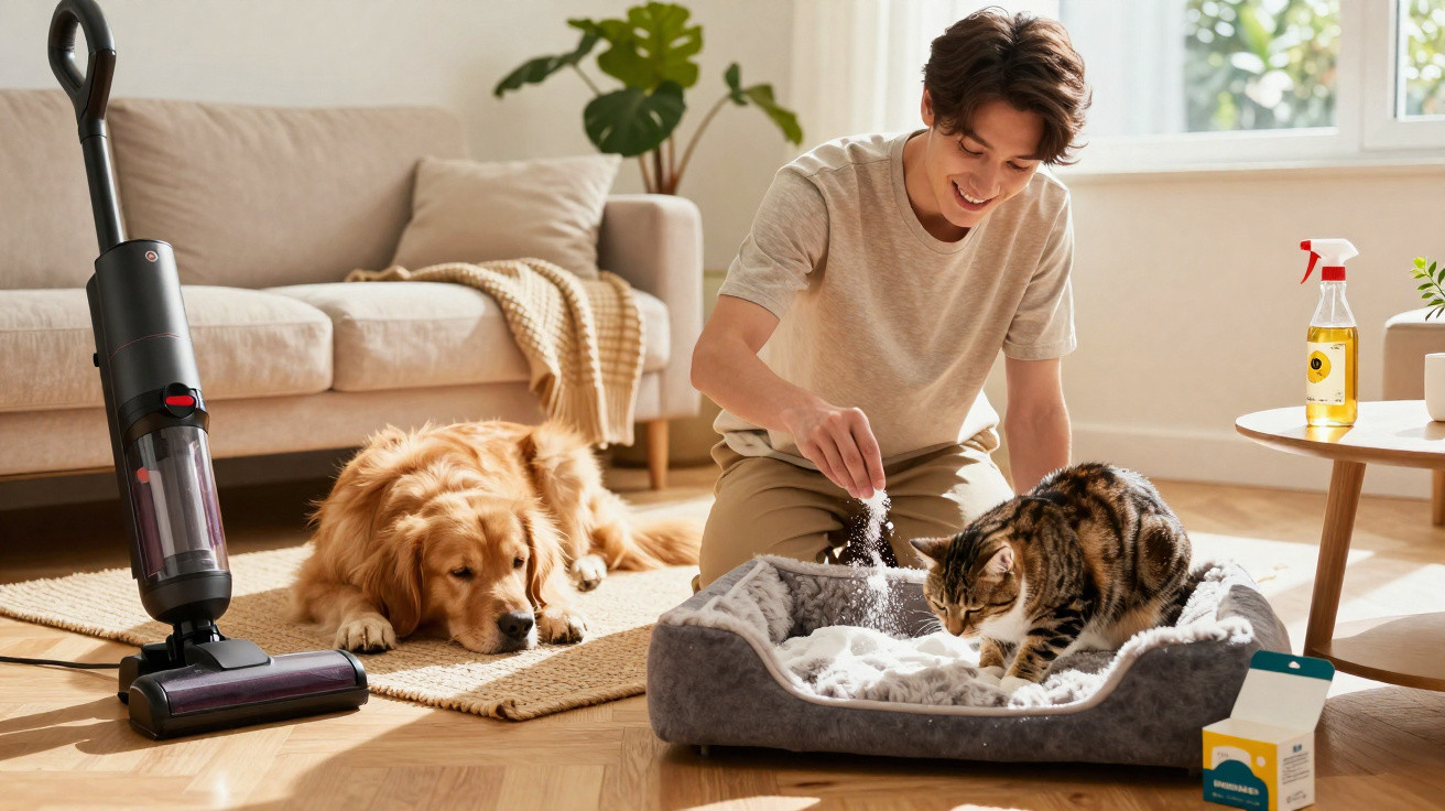 Jovem alimenta gato na cama, cão relaxa no tapete e aspirador está perto numa sala iluminada.
