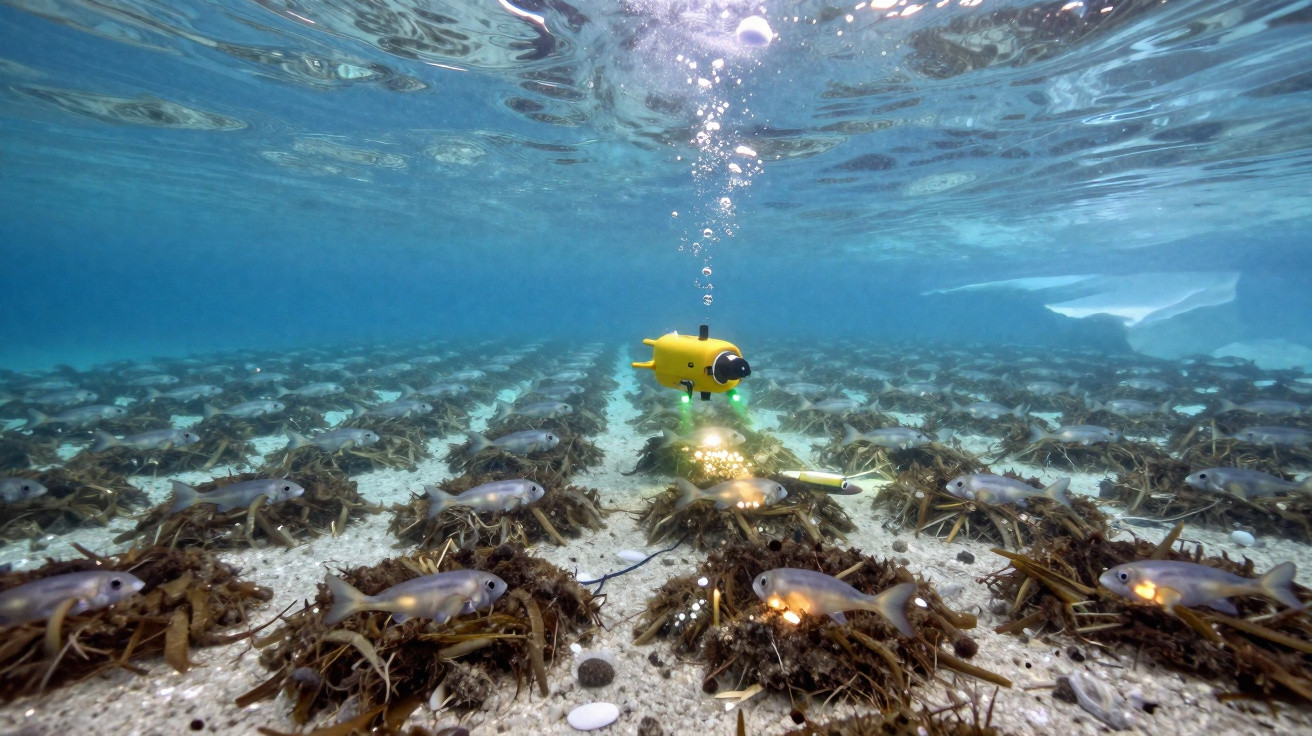 Veículo submarino amarelo a iluminar peixes e vegetação marinha no fundo do oceano.