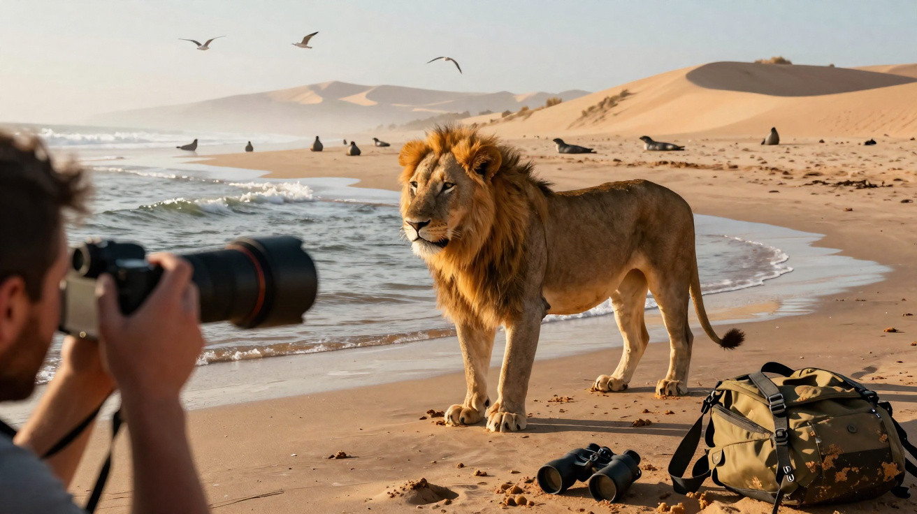Fotógrafo com câmera capta leão adulto na praia deserta com dunas e gaivotas ao fundo.
