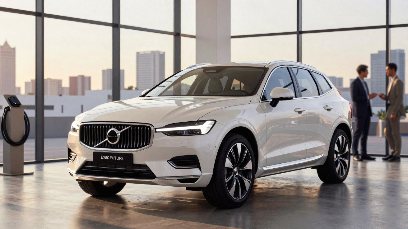Carro elétrico Volvo EX60 Future branco numa sala moderna com duas pessoas ao fundo a conversar.