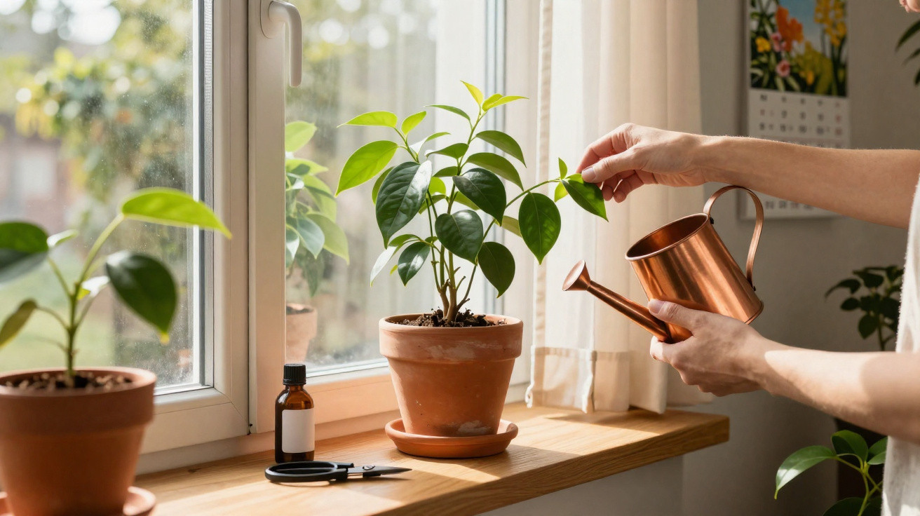 Pessoa regando planta em vaso de barro numa janela com luz natural e outros vasos ao redor.