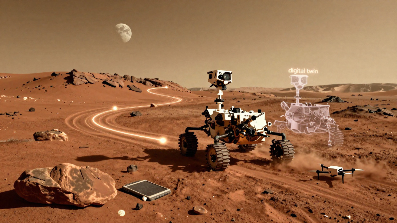 Rover e drone exploram terreno marciano com trilhas brilhantes e uma projeção digital etérea no horizonte.