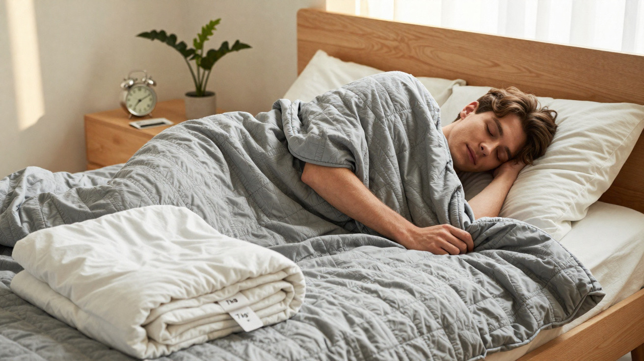 Homem jovem a dormir num quarto com cama de madeira e colcha cinzenta acolhedora.