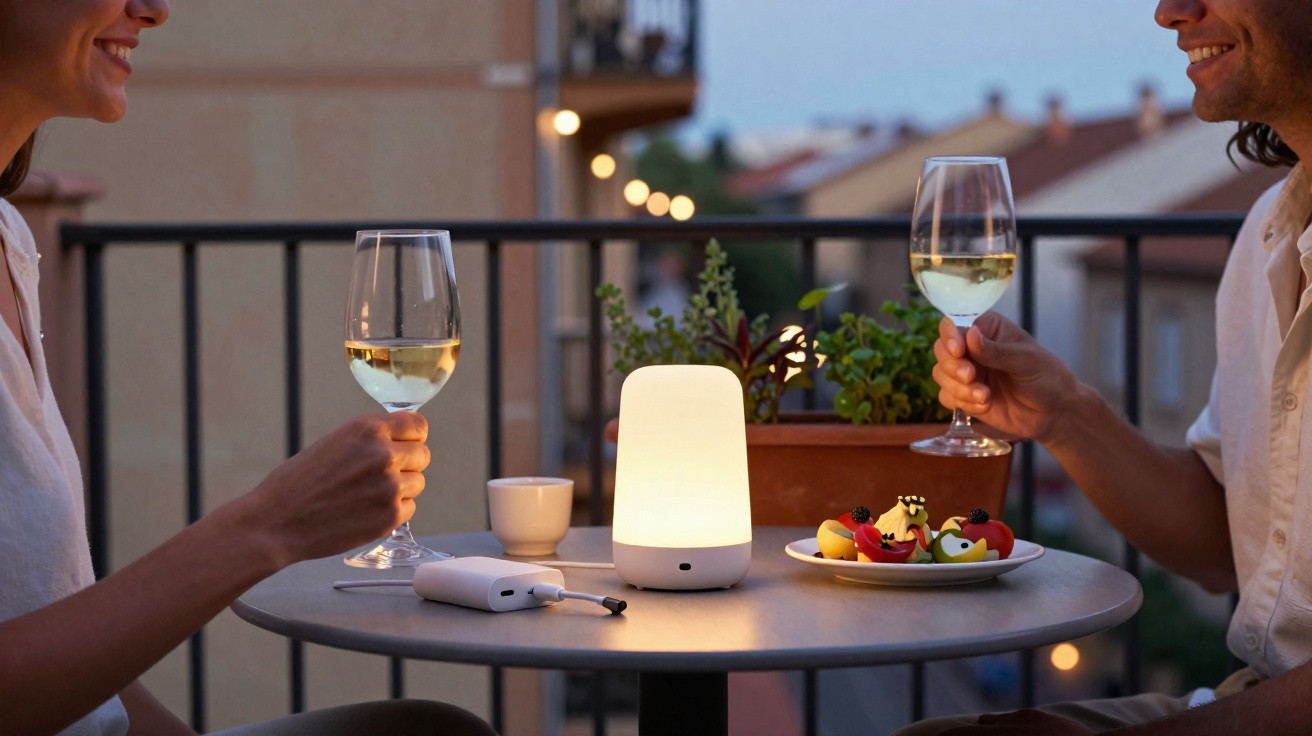 Casal a brindar com copos de vinho branco à mesa numa varanda ao entardecer, com luz ambiente e petiscos.