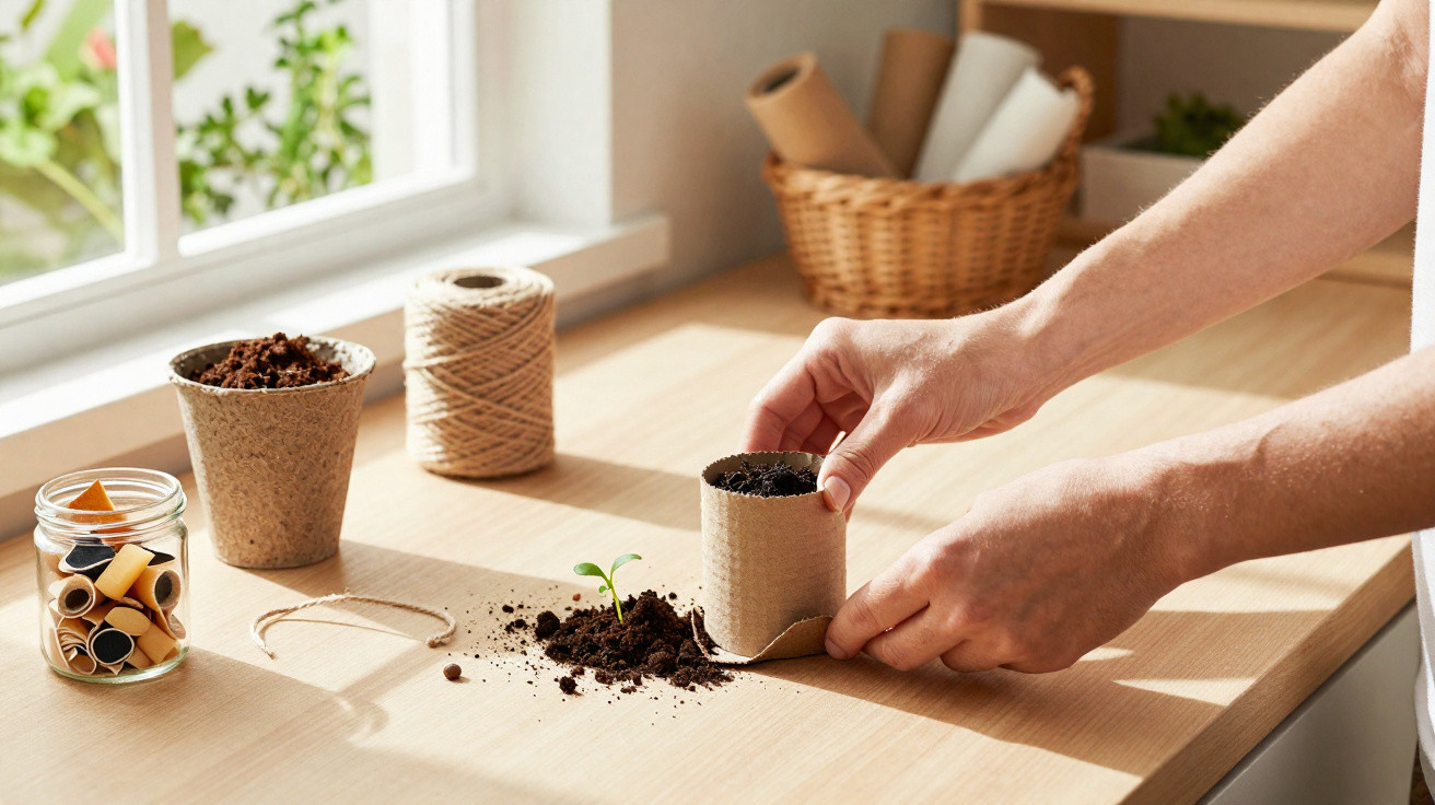 Pessoa a plantar uma muda em vaso biodegradável numa mesa junto a uma janela.