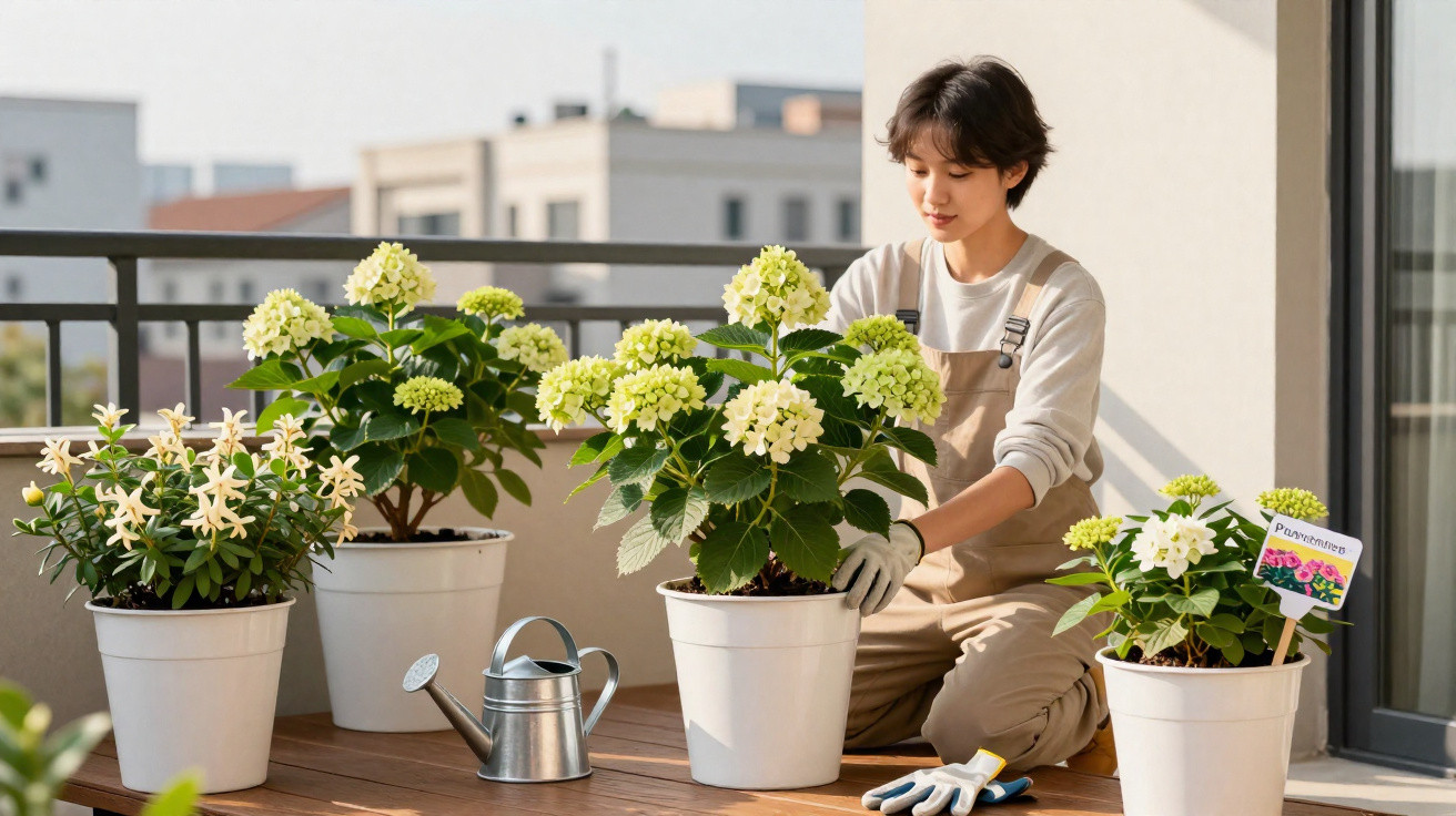 Mulher a cuidar de hortênsias brancas num terraço com regador e luvas de jardinagem.