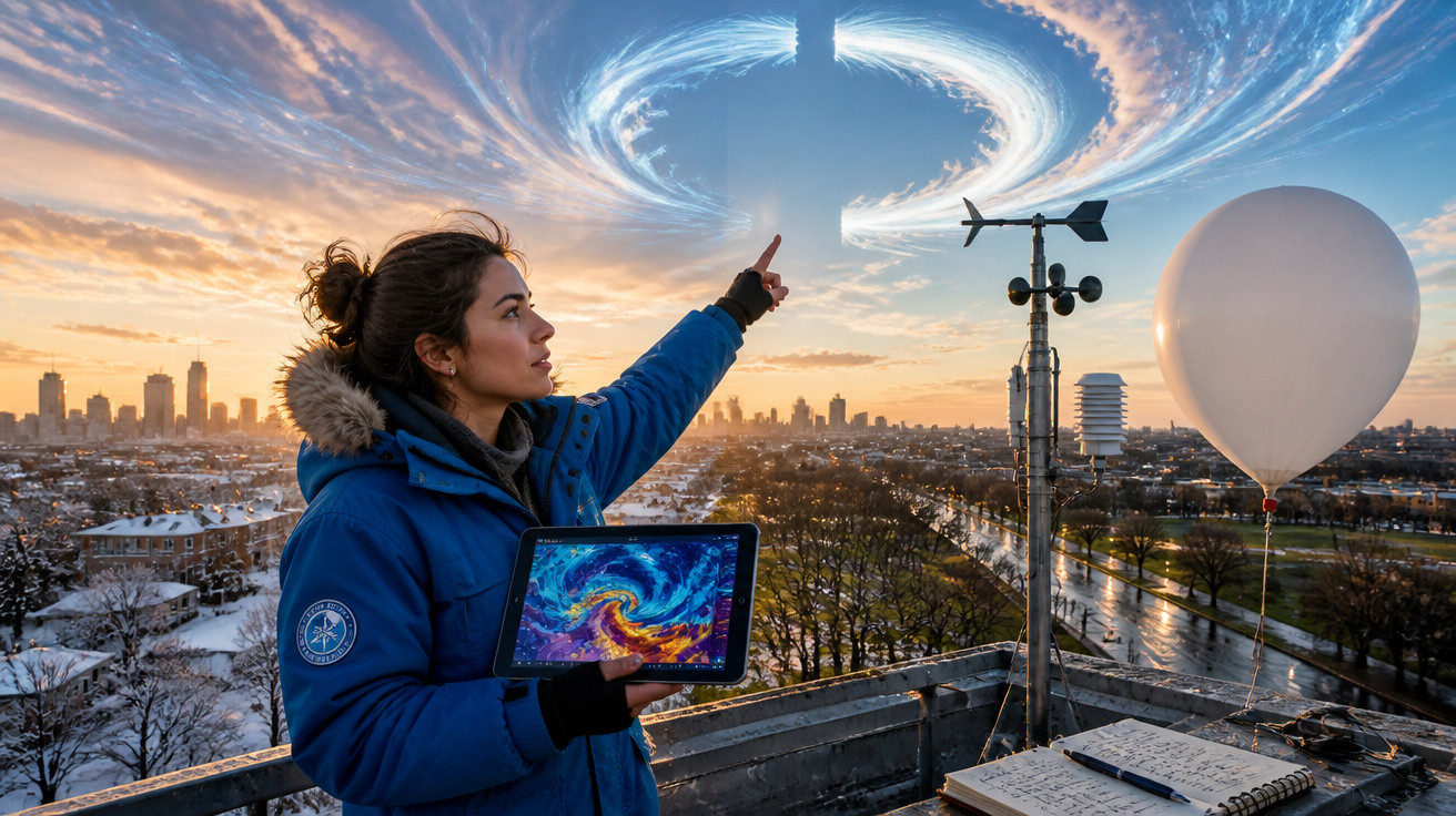 Mulher aponta para um vórtice no céu enquanto segura tablet com imagem semelhante numa cidade ao pôr do sol.