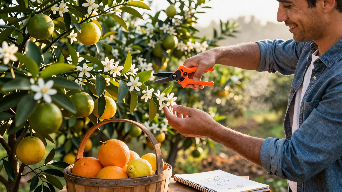 Homem colhendo flores de laranjeira num pomar com cesta de frutas e caderno num banco ao lado.