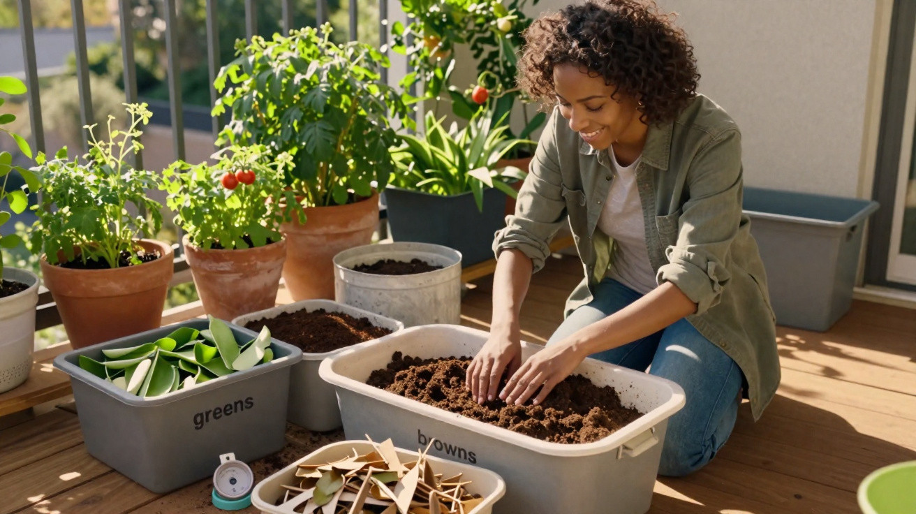 Mulher a cuidar de plantas num terraço, a preparar terra em vasos de cultivo.
