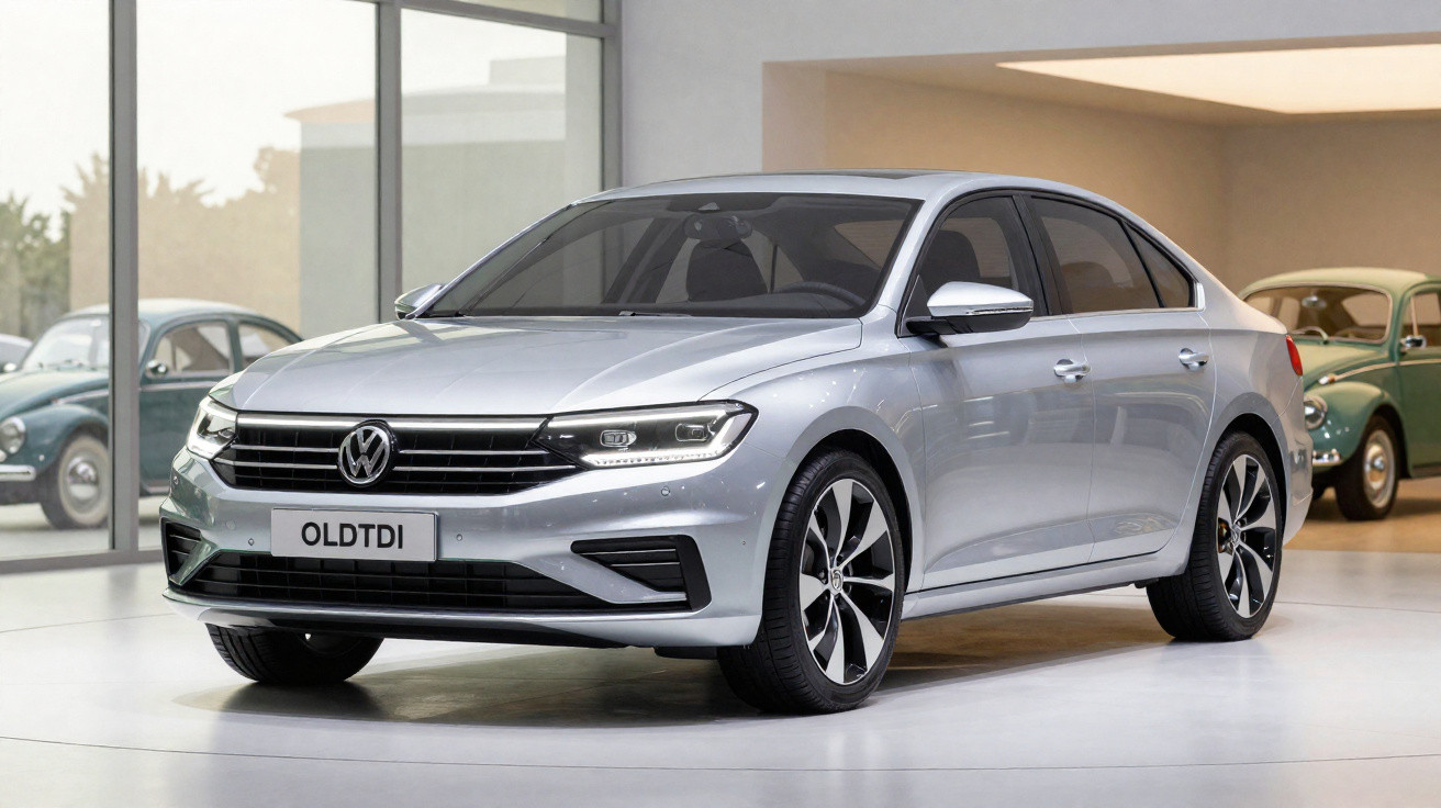 Carro Volkswagen cinza prata estacionado em showroom com luz natural e carros antigos ao fundo.