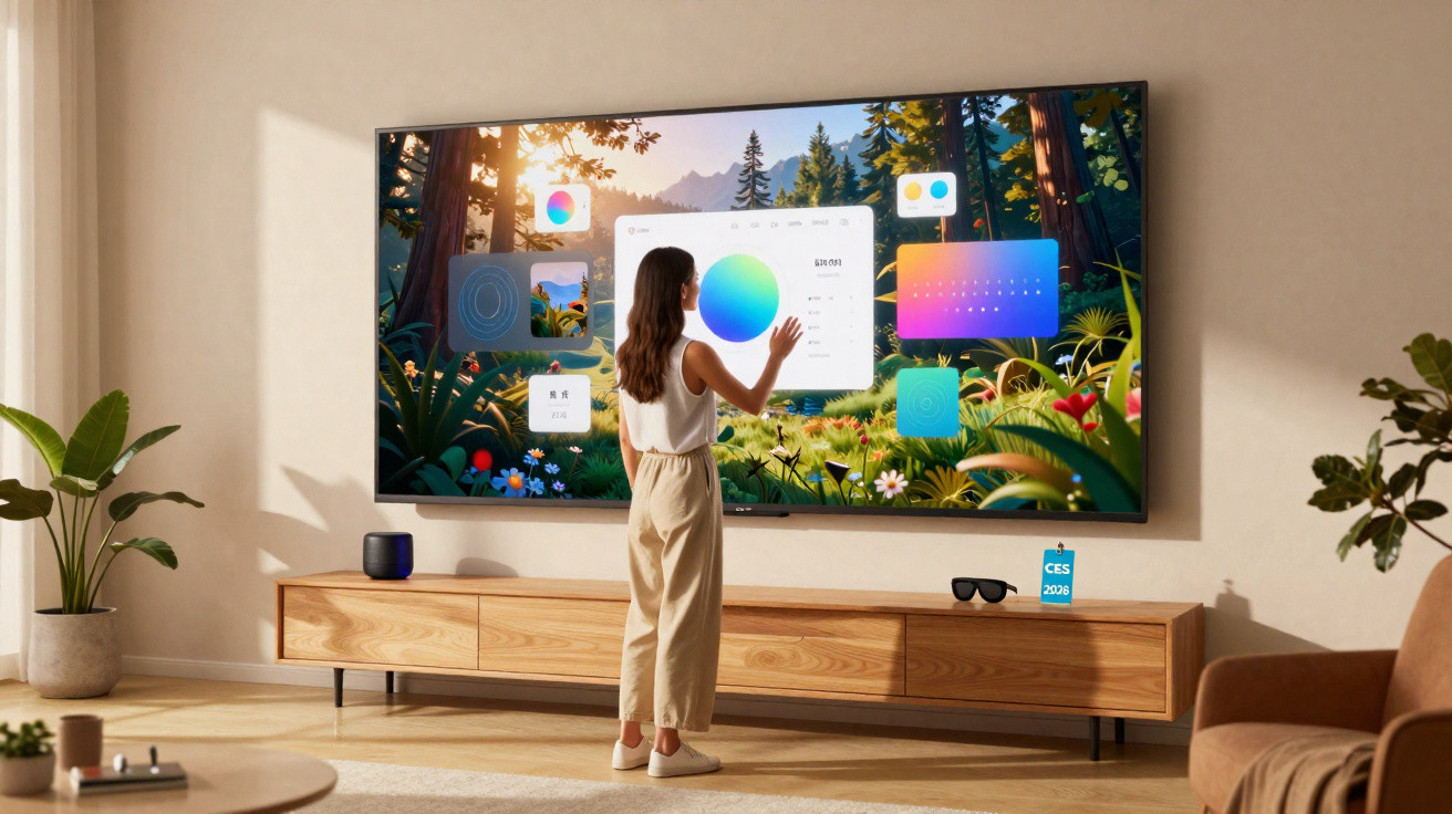 Mulher interage com ecrã grande táctil exibindo gráficos coloridos numa sala moderna e iluminada.