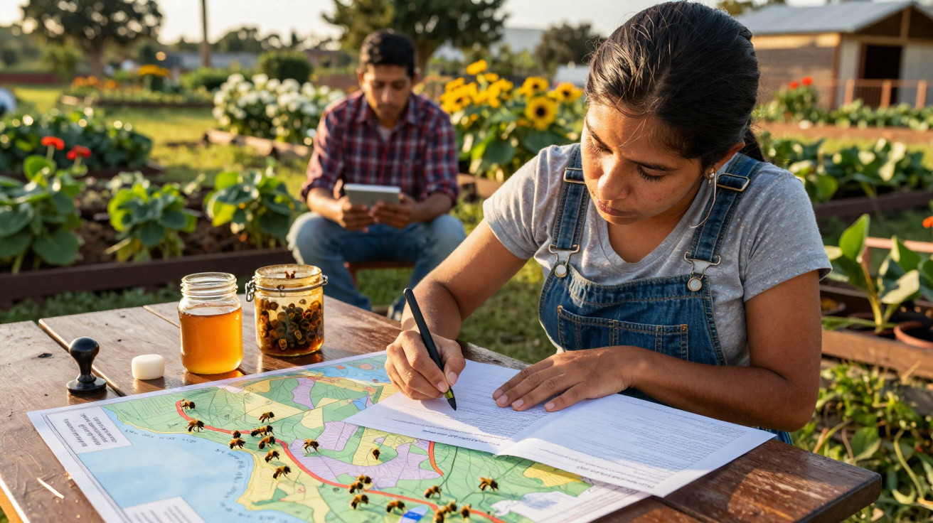 Mulher escreve num documento sobre mesa com mapa e frascos de mel, homem usa tablet ao fundo num campo de girassóis.