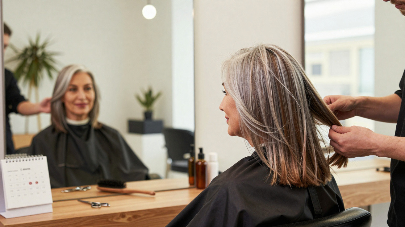 Mulher de meia-idade a receber penteado num salão de cabeleireiro, sentada frente a um espelho.